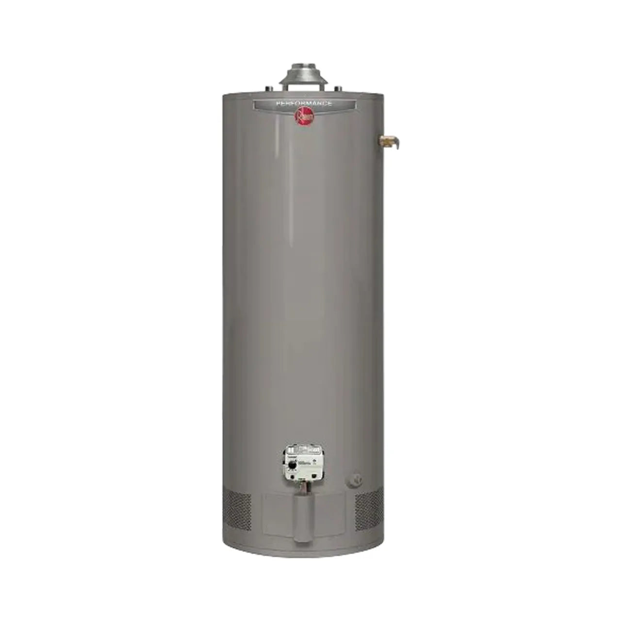 A gray, cylindrical Go Build Performance 40 Gal. 36,000 BTU Natural Gas Water Heater with a top vent and base control panel stands upright against a plain white background.